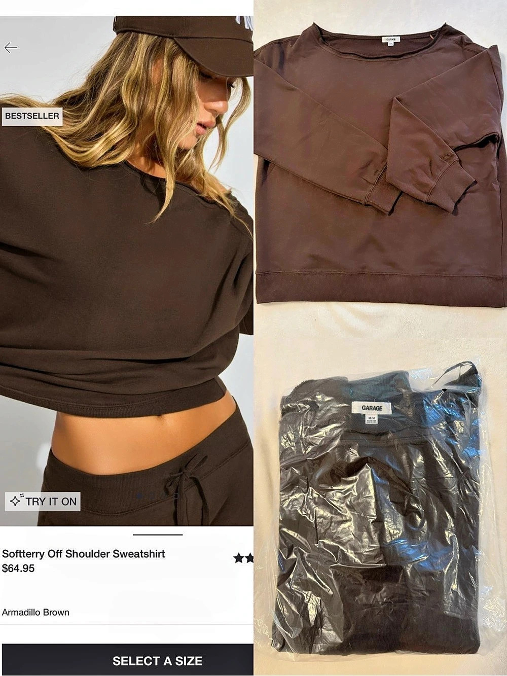 Garage Softerry Off Shoulder Sweatshirt Brown Medium
